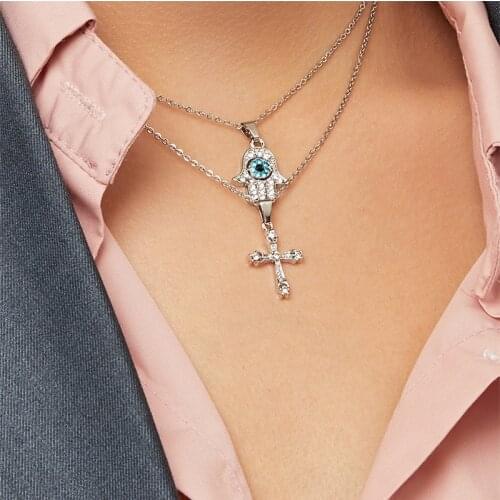 Double Layer Evil Eye Necklace Gold Palm Necklace for Women Cross Necklace Jewelry Sets Choker Party Gift Luxury Jewelry