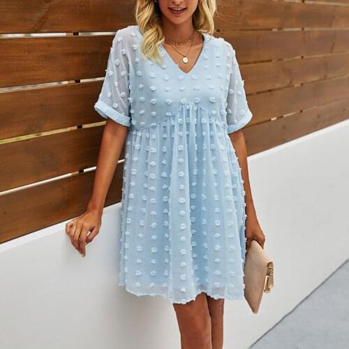 Dress Women 2021 Fashion Lantern Sleeve Casual Women Dress Elegant Loose Sexy V-neck Dot Mini Summer Robe Femme Plus Size