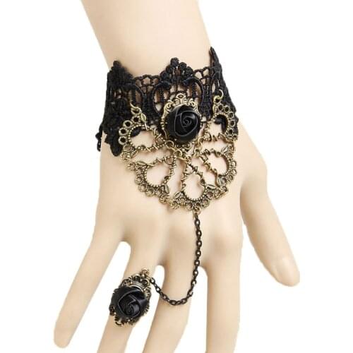Handmade Lolita Gothic Cutout Fan Metal Bronze Flower Rose Black Lace Adjustable Ring and Bracelet SET Ball Fashion Accessories