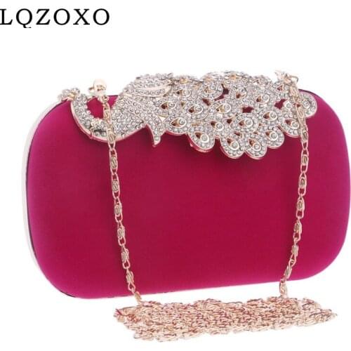 Luxurious Peacock Golden Metal Diamonds Evening Bags Velvet Small Shoulder Handbags Party Day Clutches
