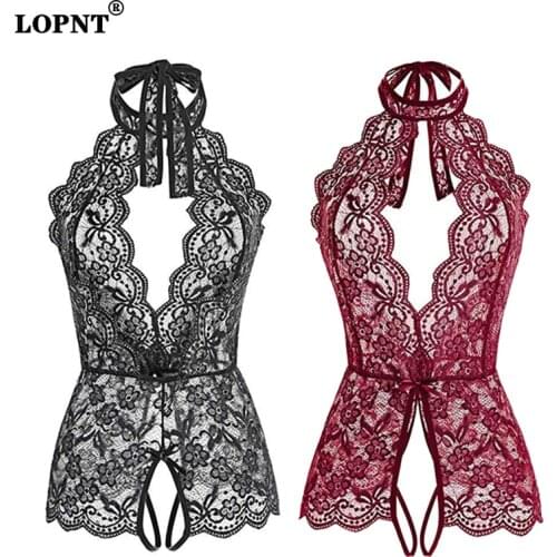 LOPNT Sexy One-Piece Floral Lace Teddy One-Piece Transparent Womens Babydoll Female Hollow One-Piece Halter One-Piece Underwear