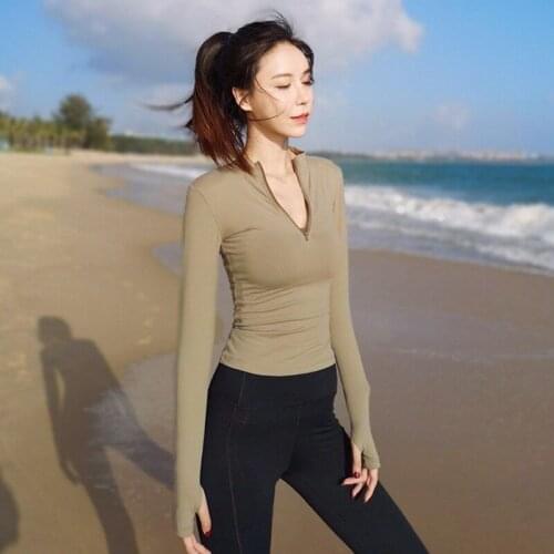 Sexy Women Sport Shirts Solid Color High Elastic Gym Top Running Breathable Long sleeve T-Shirts Zipper Fitness T Shirts Tops