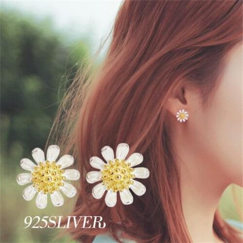 100% 925 Solid Sterling Silver Daisy Flower Stud Earrings For Women Engagement Wedding Birthday Gift Jewelry Brincos b040