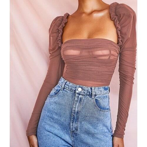 ShesModa Nude Mesh Pespective U Neck Buble Long Sleeves Womens Sexy Bodysuit Overalls