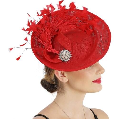 Imitation Sinamay Dish Fasciantor Hat With Fancy Feather Fedora Cap Women Wedding Party Ladies Headpiece Hairpin Fancy Flower
