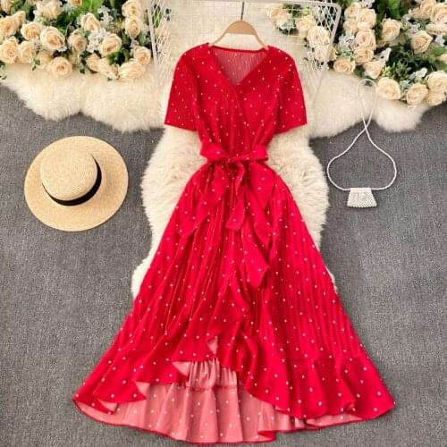 Teeuiear Vintage Boho ruffles v neck dot print Summer bandage long Dress Women Irregular Party elegant tunic beach holiday dress