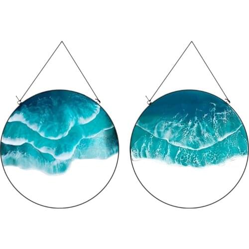 Ocean Wave Wall Decoration Round Framed Blue Handmade Crafts Accessories for Bathroom Living Room Bedroom Office