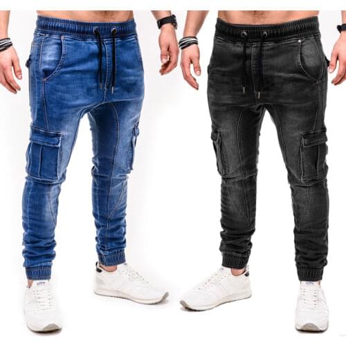 2021 Spring and Autumn Fashion Casual Mens Pure Color Belt Pocket Tie Slim Sports Denim Jeans for Men