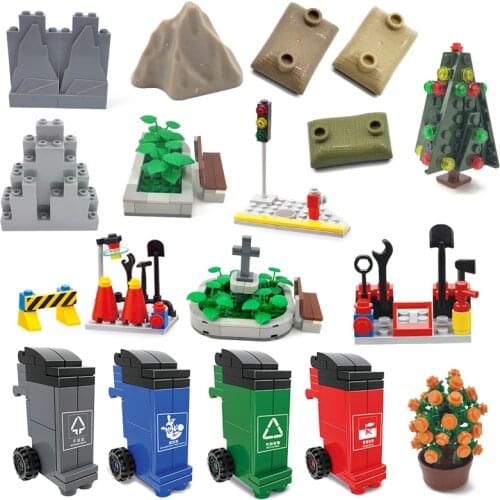Military City Blocks Sandbag Ashbin Public Park Toys Traffic Accessories Model Pond Bench Militarys Citys Kits Education Gifts
