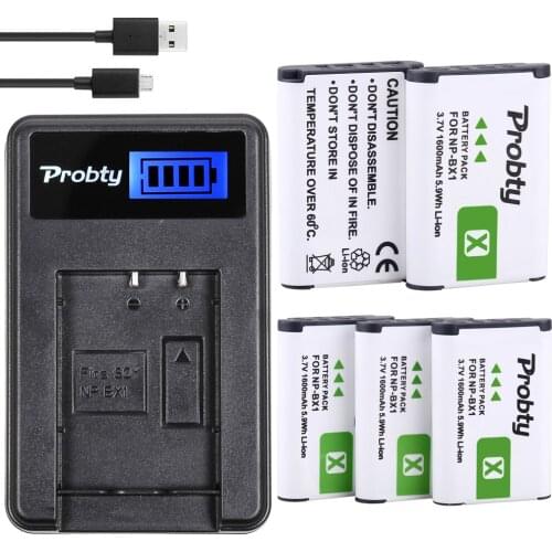 PROBTY 5Pcs NP-BX1 NP BX1 Batteries + LCD Charger For Sony DSC-RX100 DSC-WX500 IV RX10 II HX300 WX300 HDR-AS15 CX240E MV1 AS30V