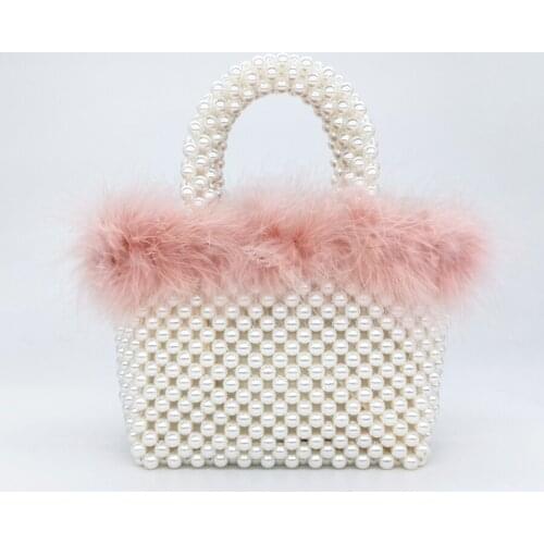 Female Cute Shoulder Bag Dinner Party New Faux Fur Pearl Evening Bag Women Hand Woven Panelled Beaded Tote Purses and Handbags