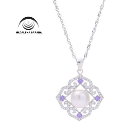MADALENA SARARA 9-10mm AAA Freshwater Pearl Semi Round Simple Style Sterling Silver 925 Chain Necklace AAAA CZ inlaid