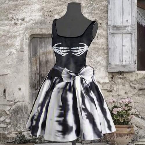Goth Punk Dresses Women Skeleton Print A-line Dress Sleeveless Halloween Robe Party Bowknot Zipper Dresses Vestidos De Fiesta