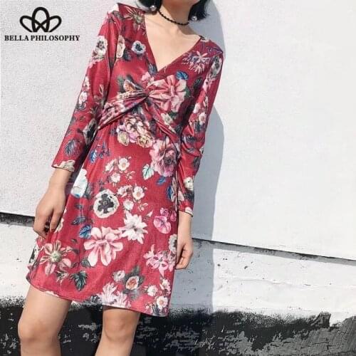 HStar 2020 winter print women dress empire loose above knee fashion dress three quarter red velvet V neck women dress