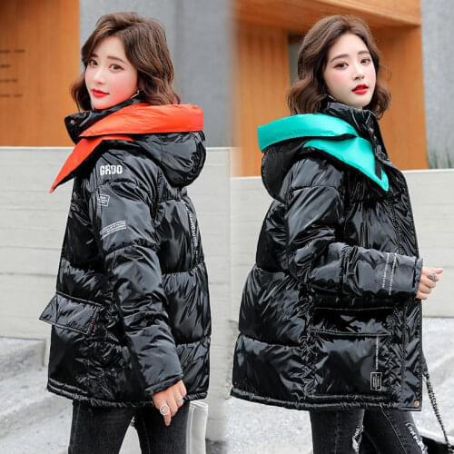 2021 New Winter Glossy Jackets Womens Winter Coat Short Warm Down Cotton Parkas Coats Woman Korean Hooded Winter Jackets Outwear