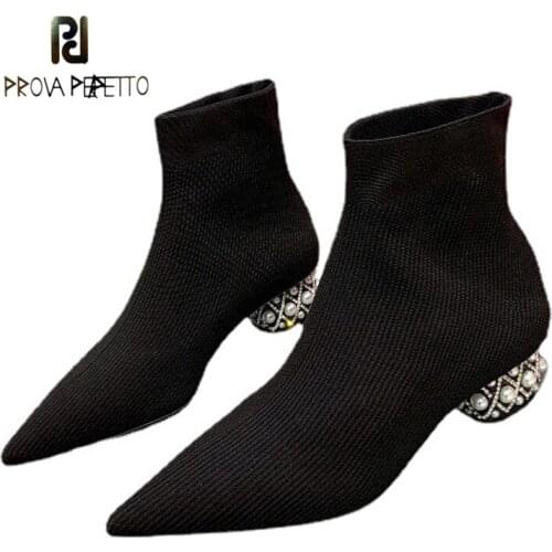 Mid-heel Stretch Knit Autumn New Product Single Boots Pointed Toe Socks Boots Rhinestone Thick Heel Fashion Elegant Short Boots