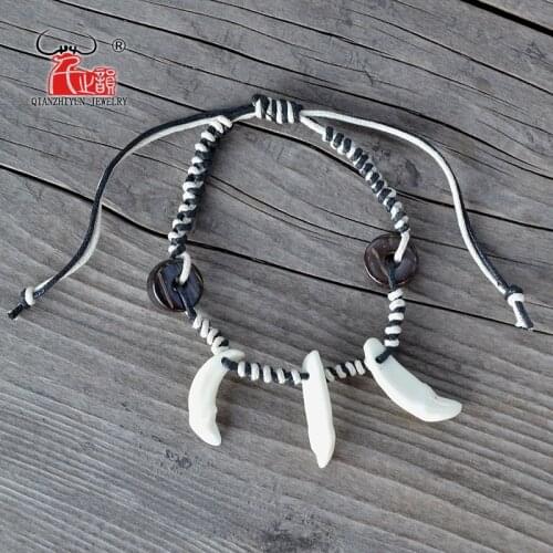 YS007 Natural bone punk bracelet wood beads bracelet men spike bracelet women Primitive tribes jewelry Fake wolf Tooth Bangles