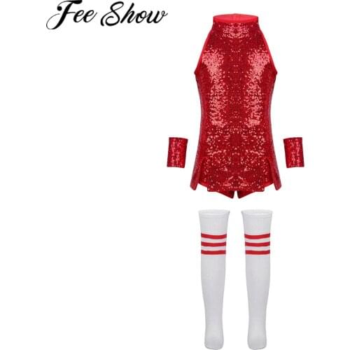 FEESHOW Kids Girls Performance Costumes Street Dancing Dress Sequins Sleeveless Tops with Shorts Wrist-Sleeves and Striped Socks
