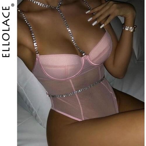 Ellolace Sexy Lace Bodysuit Women Sleeveless Solid Bodies Underwire Push up Lingerie Bodysuit Bodycon High Cut Mesh Backless Top