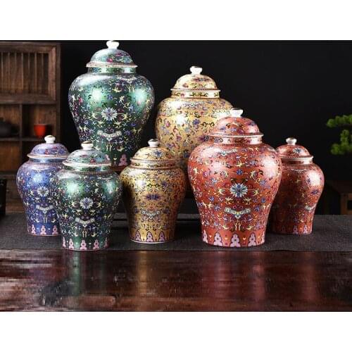 Enamel Painted Gold Flower Ceramic Storage Jar Vase Flower Arrangement Decoration Household Large-capacity Sealed Tea Caddy Jars