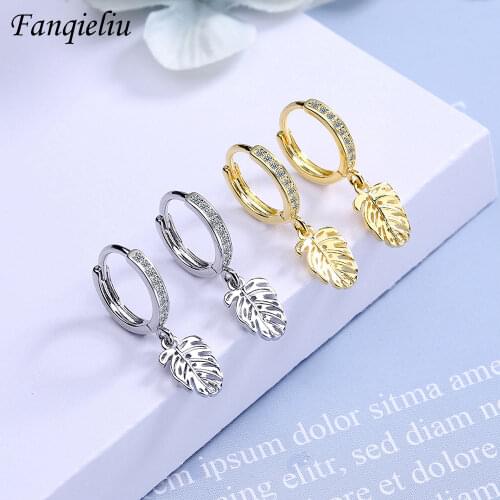 Fanqieliu Vintage Charms Leaf Plant Earring Solid 925 Sterling Silver Hoops For Women 18K Gold Crystal Hoop Earrings FQL20462