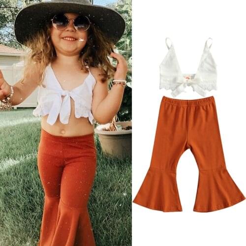 FOCUSNORM Fashion Kids Girls Clothes Sets 2pcs Bowknot Strapless Sleeveless Vest Tops Solid Flare Long Pants 0-4Y