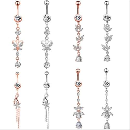 New Creative Surgical Steel Dangle Navel Rings Gold Crystal Navel Bars Women Belly Button Ring Body Piercing Jewelry