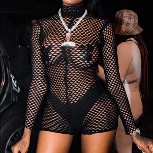 BKLD Rompers Womens Jumpsuit Shorts Summer Black Sexy Hollow Out Mesh Sheer Long Sleeve Bodycon Slim Fit Playsuit Nightclub 2021