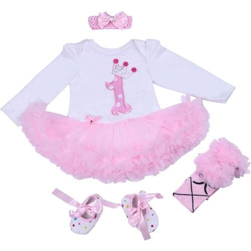4Pcs Baby Girls 1st Birthday Pink Dress Infant Winter Long Sleeve Cotton Crown Pattern Baptism Tutu Dresses Set for Toddler Baby