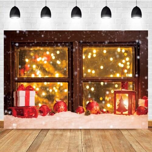 Laeacco Fake Window Christmas Gift Tree Snow Light Bokeh Baby Birthday Photo Background Photographic Backdrop For Photo Studio