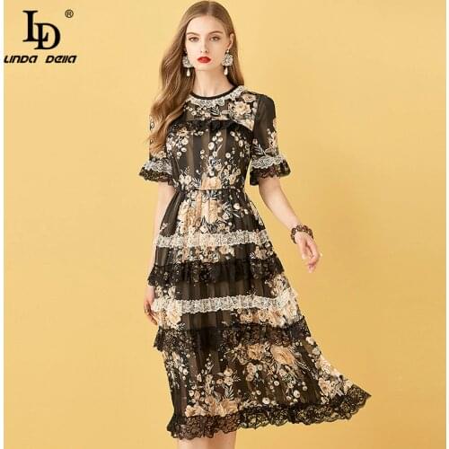 LD LINDA DELLA Fashion Designer Summer O-Neck Ruffle Boho Women Dress Lace Patchwork Print Chiffon Floral Elegant Tiered Dresses