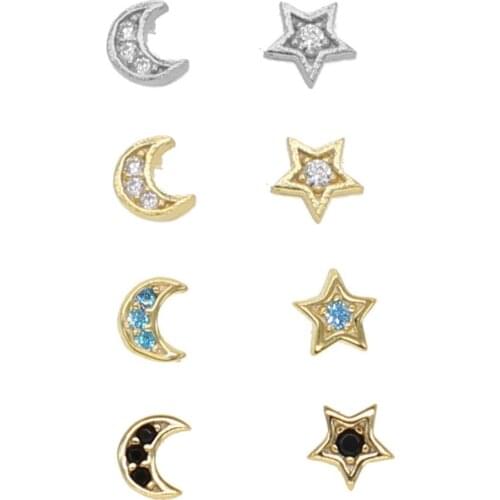 Minimalist 925 Sterling Silver Star Moon Studs Delicate Tiny 4-5mm Small Vermeil CZ Earrings Cartilage Helix Piercing Jewelry