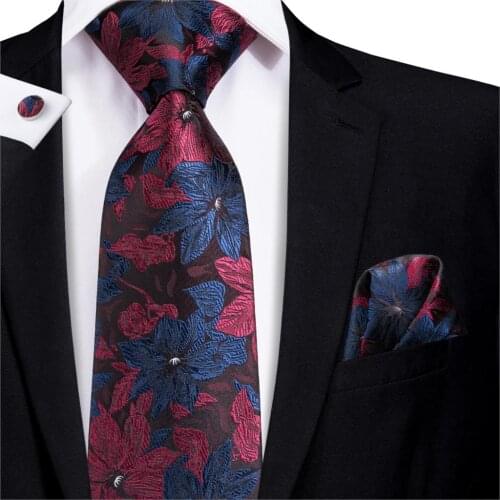 Men Silk Ties Floral Neck Tie Red Blue Tie Hand Pocket Cufflinks Set Formal Tie Gift for Suit Wedding Hi-Tie C-3125 Dropshopping
