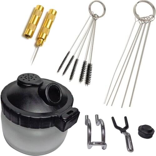 Airbrush Cleaning Cleaning Kit, Airbrush Cleaning Pot Spray Pen Glass Cleaning Pot with Holder Stainless Steel Needle Brush Set