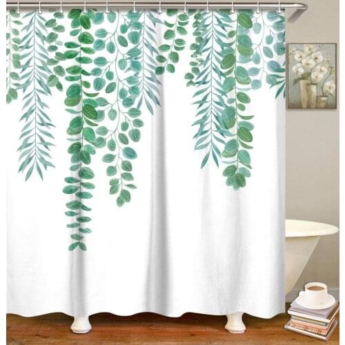 Green Leaves Shower Curtain Set with 12 Hooks Decorative Plant Bath Curtain Waterproof Polyester Fabric Bathroom Decoration