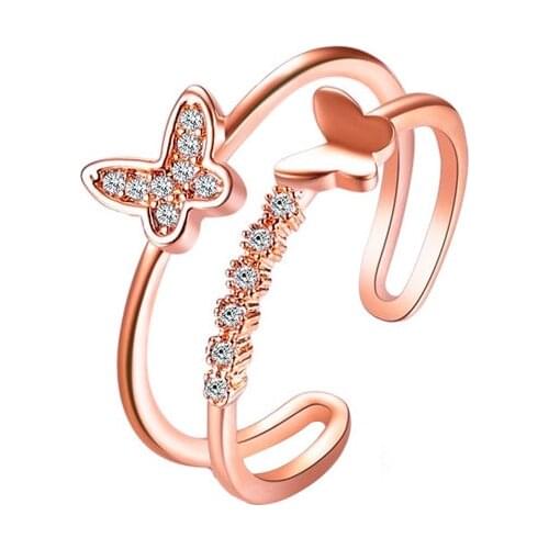 New Korean Exquisite Fashion Zircon Micro-inlay Butterfly Double-layer Open Ring Index Finger Ring Gold Wedding Jewelry