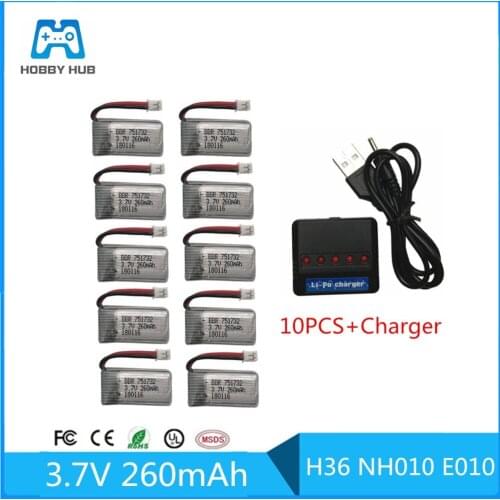 10pcs 3.7V 260MAH Upgrade For E010 E010C E011 E013 H36 Mini RC Quadcopter 3.7V 260MAH 30C Libo Battery With Charger Set