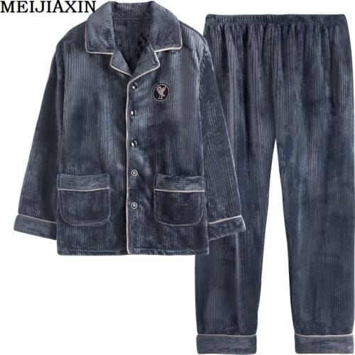 High Quality Men Pajamas Set Warm Sleepwear Mens Flannel Pijama Man Long Sleeve Turn-down Collar Fleece Sleepwear
