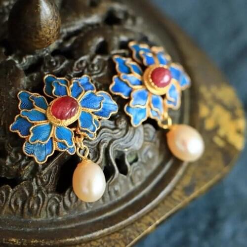 Original designer craft Cloisonne gilt silk Ruby Pearl Earrings Chinese style retro palace unique charm womens silver jewelry