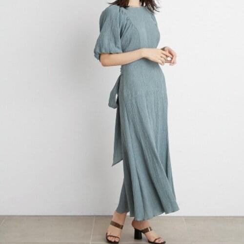 Dresses for Women Sweet Bow Belt Slim Eleagnt Ol Puff Sleeve Woman Dress Back Hollow Out Femme Robe Summer Chic Plaid Vestidos