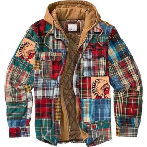 Patchwork Casual Winter Shirt Jacket Men Retro Printed Thick Hooded Mens Shirts Coats Windbreaker Long Sleeve Camisetas Hombre