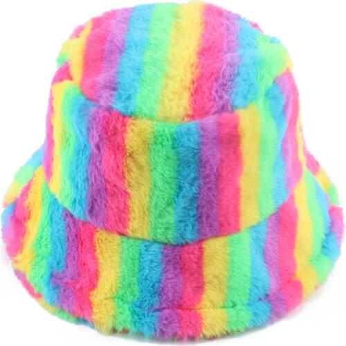 Faux Fur Fluffy Winter Warm Hats For Women Rainbow Striped Print Luxury Bucket Hat Panama Hiphop Fishing Caps