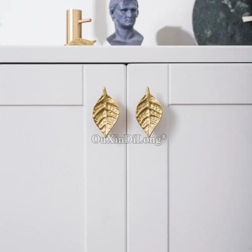 2PCS Solid Brass Leaf Handle Door knob European Furniture Handles Drawer Pulls Kitchen Cabinet Gold Knobs and Pens GF482