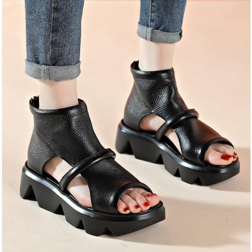 Summer 2021 Fashion Roman Slope Heel Platform Sandals Women Chunky Genuine Leather Shoes Lady Hollow Peep Toe Gladiator Sandals