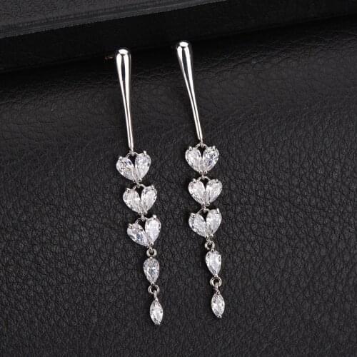 AAA Zircon Inlaid Earrings Crystal Heart Dangle Earrings Long Tassel Wedding Party Jewelry