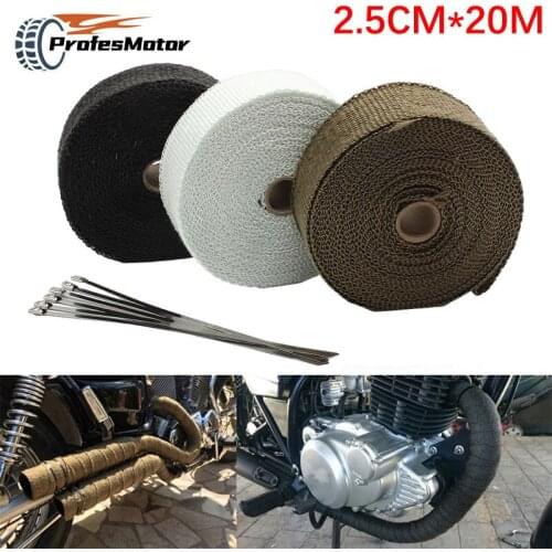 2.5CM*20M Roll Fiberglass Heat Shield Motorcycle Exhaust Header Pipe Heat Wrap Tape Thermal Protection Exhaust Pipe Insulat