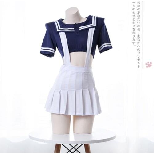 Japanese Student Girls Cosplay Sailor Collar JK Uniform Anine Style Navy Blue Shirt Top + White Suspender Skirt