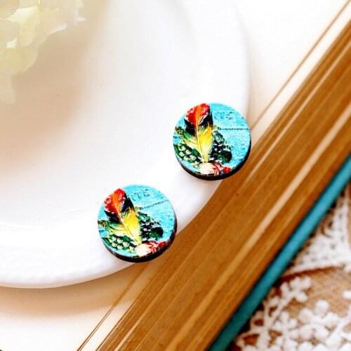 Unique 3D Flower Embossed 16mm Round Coloured Drawing pattern Laser Cut wood Cabochon DIY for Rings, Earring,Brooch,Necklace-320