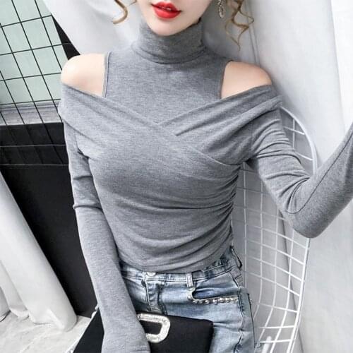Turtleneck bottoming shirt women fall and winter wear 2021 new design off-shoulder shirt womens trendy long sleeves