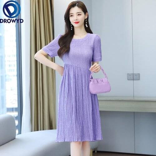 French Style Summer O Neck Solid Color Dress Short Sleeve Purple Dress Female 2021 Dress for Women Plus Size Sexy Party Vestidos